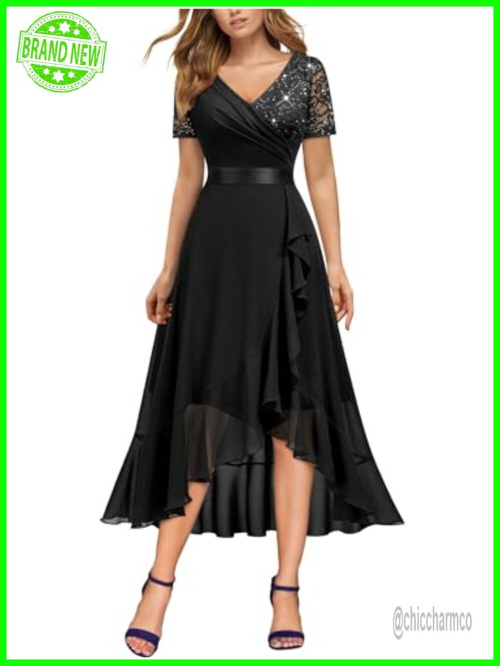 V-Neck Sequin Lace Chiffon Ruffle Slit Evening Party Dress